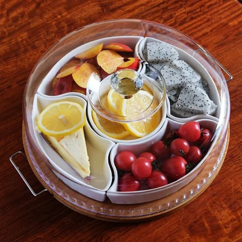 

Japanese Style Divided Ceramic Fruit Snack Plate with Plastic Cover Household Round Bamboo Handle Dried Fruit Platter with Fork