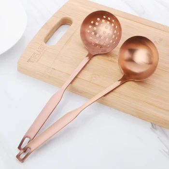

2 Pcs/Set Stainless Steel Cooking Tool Matt Polish Long Handle Soup Ladle Skimmer Copper Kitchen Accessories
