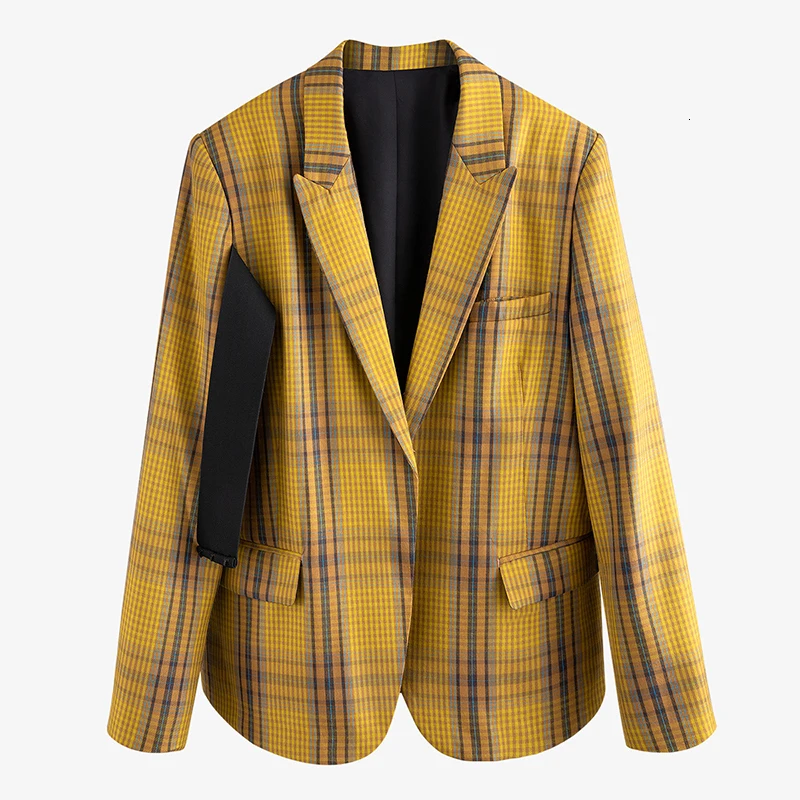 [EAM] Женский Желтый Клетчатый Блейзер большого размера, свободный пиджак с отворотом и длинным рукавом, модный весенний осенний 1N076