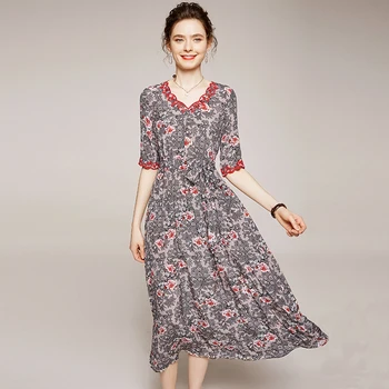 

High-quality 100% Natural Real Silk Dress Elegant Fashion V-neck Half Sleeve Embroidery Sashes Women Summer Print A-line Dresses