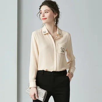 

Luxury High Quality Beige Office Ladies Formal 100% Silk Blouses Spring Long Sleeve Women Shirts Elegant Solid Color Basic Tops