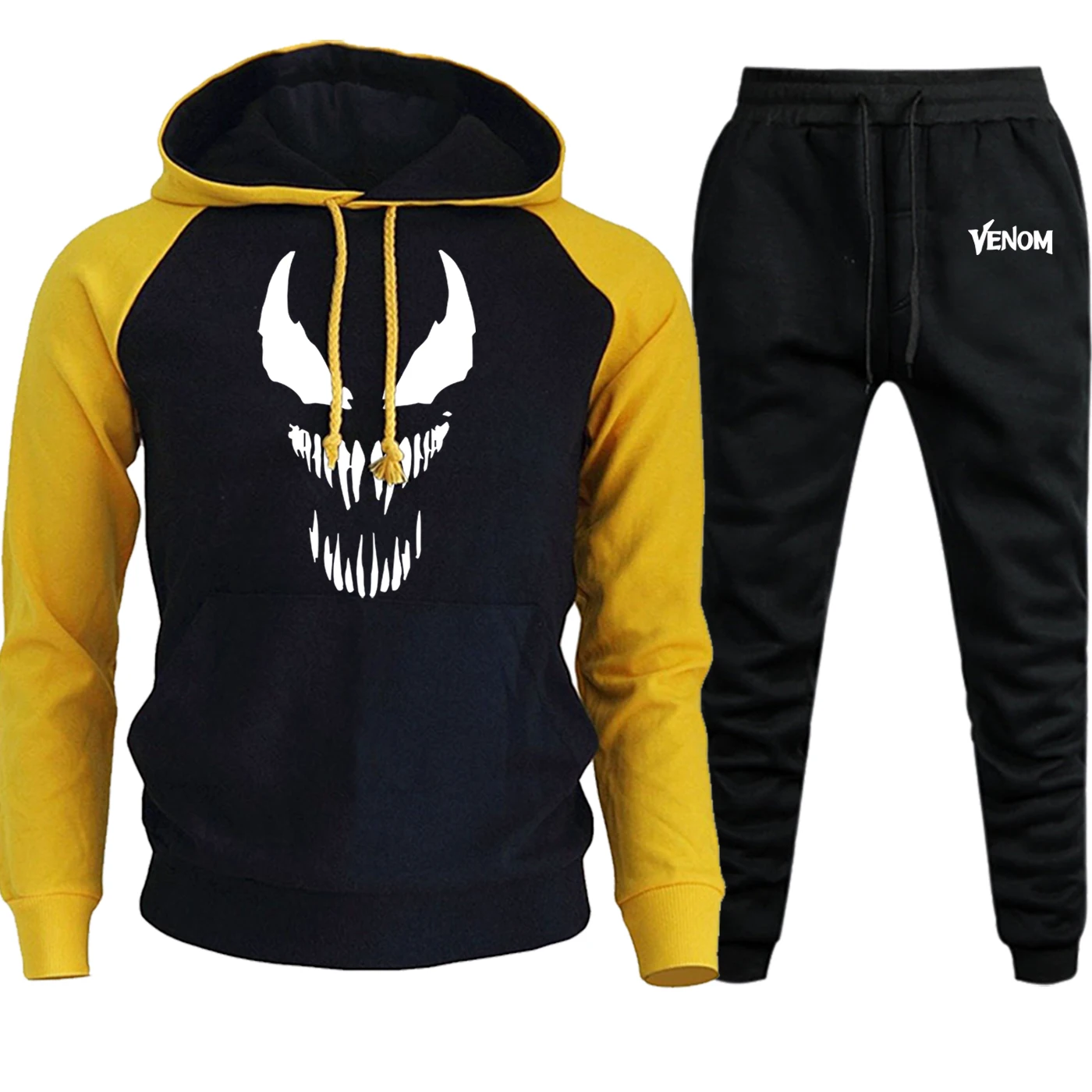 Venom уличная Мужская толстовка реглан флисовый пуловер с забавным принтом осень зима повседневный костюм Мужская толстовка+ спортивные штаны комплект из 2 предметов - Цвет: yellow black5