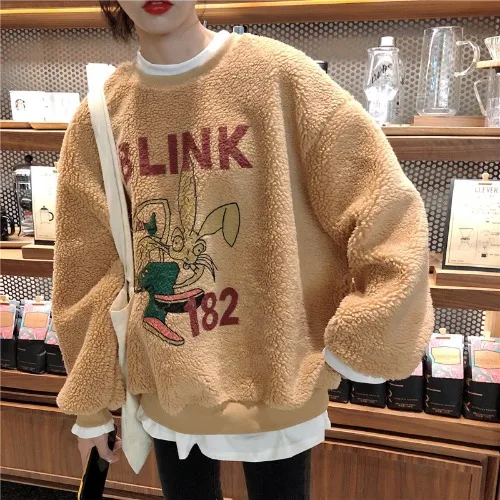 Winter Thickened Round Neck Women'S Sweatshirt Korean Loose Pullover Cute Cartoon Rabbit Letter Pattern Lamb Wool Coat Women | Женская