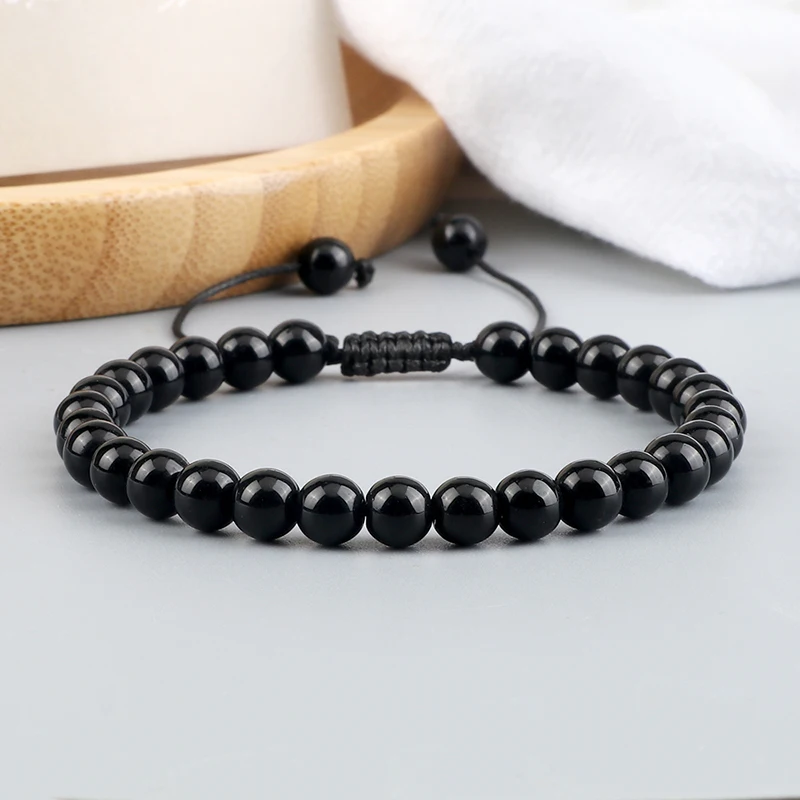 Natural Stone Bracelet 6mm Men Women Charm Tiger Eye Black Beads Braided Bangle Adjustable Yoga Jewelry
