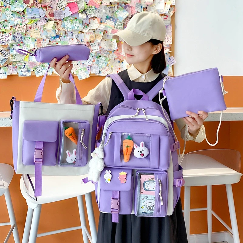 2021 New 4 Pcs Sets Purple Colour Children's School Backpack Kawaii Women's Backpack Bookbag School Bags for Teens Girls Mochila
