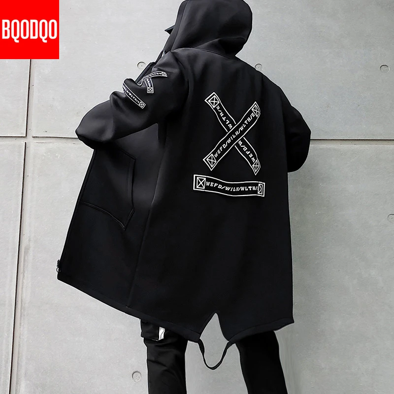 Winter Slim Long Trench Coat Men Letter Print Military Style Hooded Overcoat Black Hip Hop Streetwear Autumn Korean Mens Jacket Winter Slim Long Trench Coat Men Letter Print Military Style Hooded Overcoat Black Hip Hop Streetwear Autumn Korean Mens Jacket
