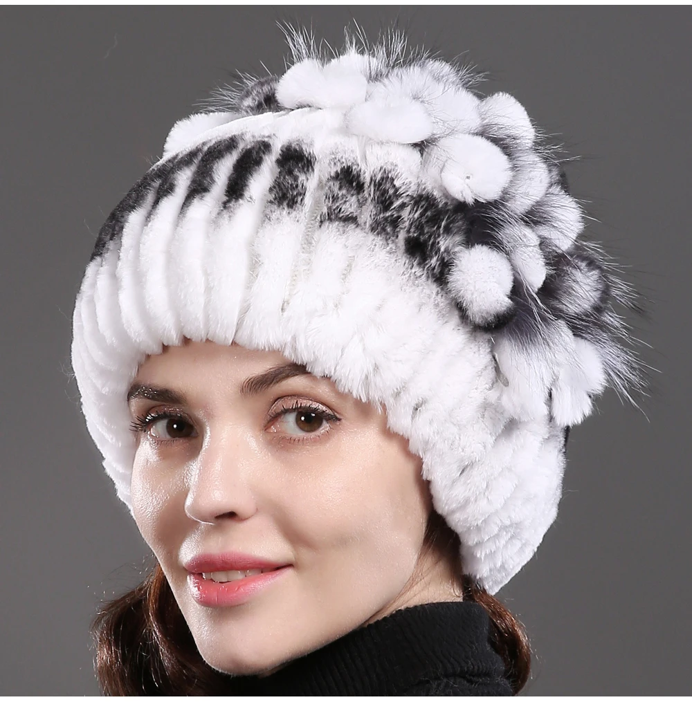 Стиль женский Настоящий мех кролика Skullies шапки Роскошные вязаные цветы натуральная шапка из меха кролика рекс зимние натуральный мех шапочки