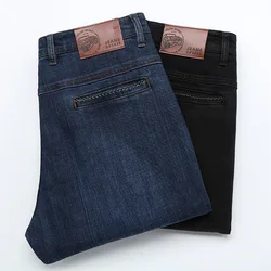 Icsars pantalones vaqueros elásticos rectos para hombre, Jeans de cintura alta, color negro y azul, ropa de otoño e invierno, 2020