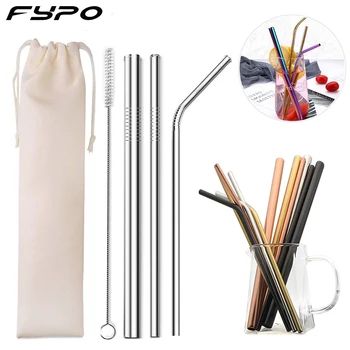 

Reusable Drinking Straw High Quality 304 Stainless Steel Metal Straw with Cleaner Brush Portable Bag For Mugs Coffee Milk Tea