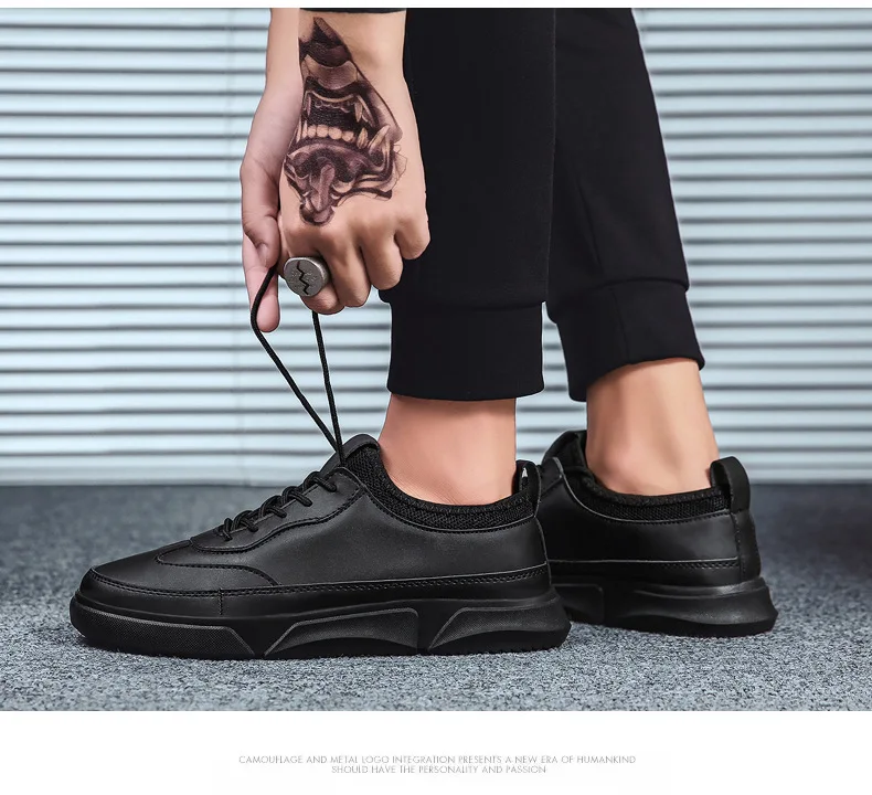 High Quality Men's Spring Autumn PU Leather Lace-Up Flat Casual Shoes White Black Fashion Light Breathable Male Sneakers