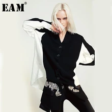 [EAM] Новинка, Осень-зима, v-образный вырез, длинный рукав, черный, хит, цвет, вязанная стежка, большой размер, рубашка, женская блузка, модная, Tide JO652