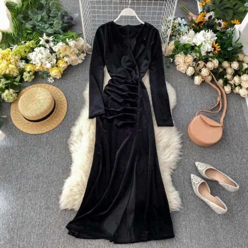 black Neploe, v-образный вырез, сексуальное, тонкая талия, длинное, Vestido, темпераментные, вечерние, вельветовое, ТРАПЕЦИЕВИДНОЕ ПЛАТЬЕ С Высокой Талией, одноцветное, с длинным рукавом, весна, Ropa 47886 - Цвет: black