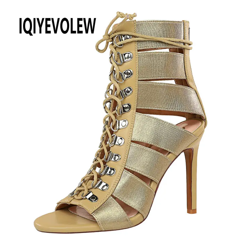 

High Heels Gladiator Sandals Woman Ankle Strap Hollow Out Stilettos Shoes Party Peep Toe Zipper 2020 Summer Boots Silver Gold