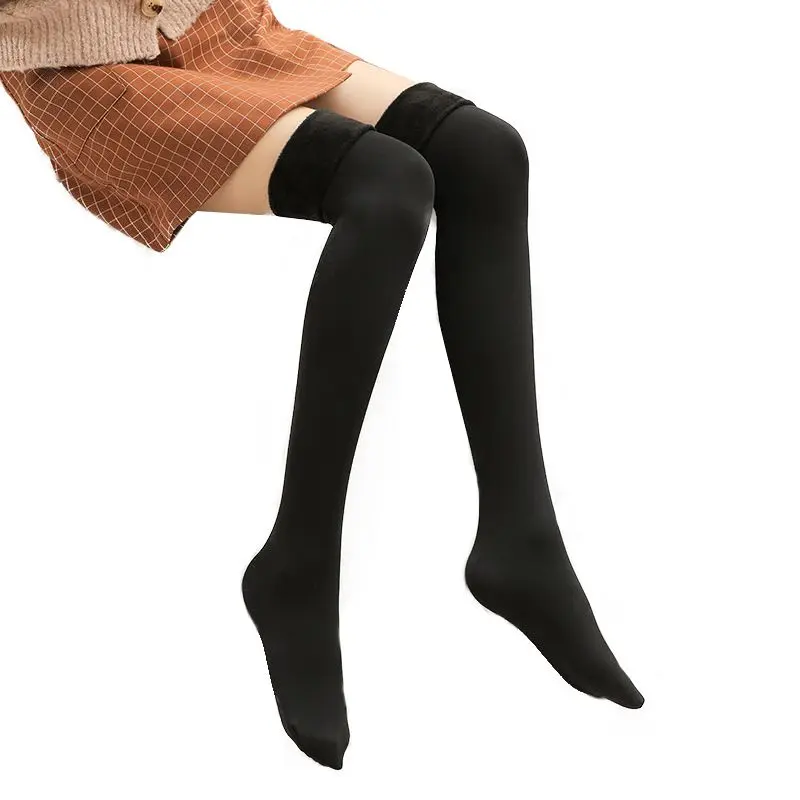 Женские осенне-зимние носки, однотонные, бархатные, толстые, теплые, длинные носки выше колена, носки до икры - Цвет: Black-C