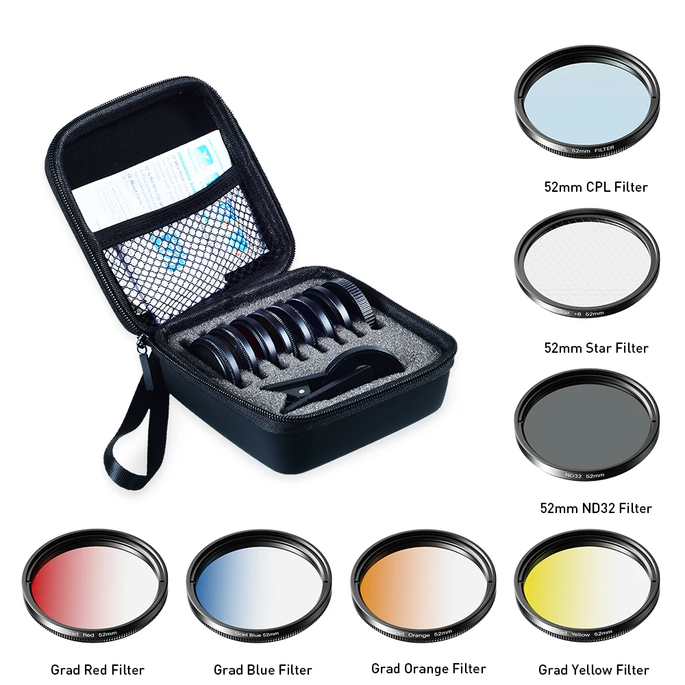 Apexel 52mm Camera Filter Kit - 7 Lens Set With CPL, ND32, Star & Color Filters For Smartphones