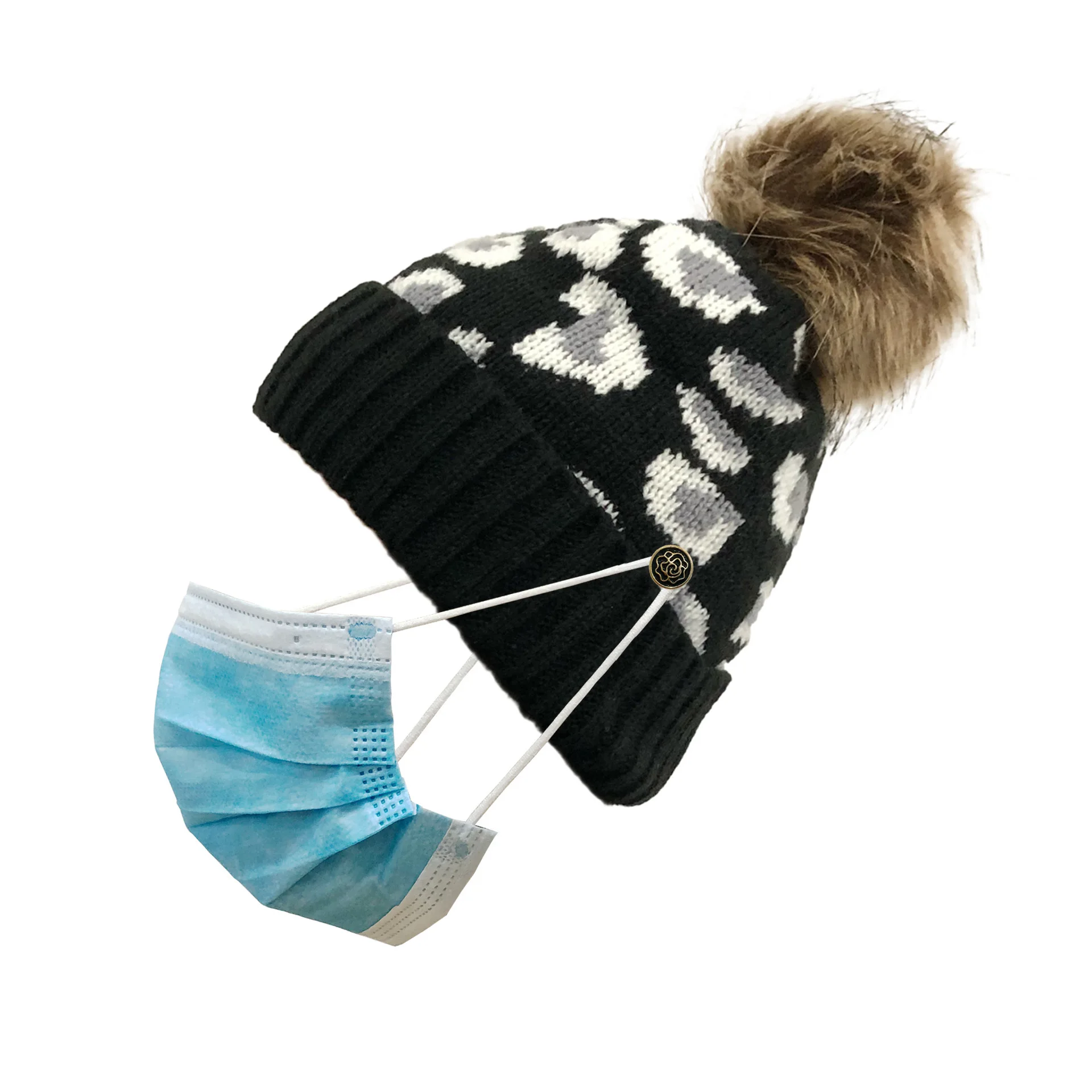 

2020 Elegant Leopard Printed Can Hang Masks Hat Plush Hairball Knitted Hats For Women Outdoor Autumn Winter Warm Wool Cap