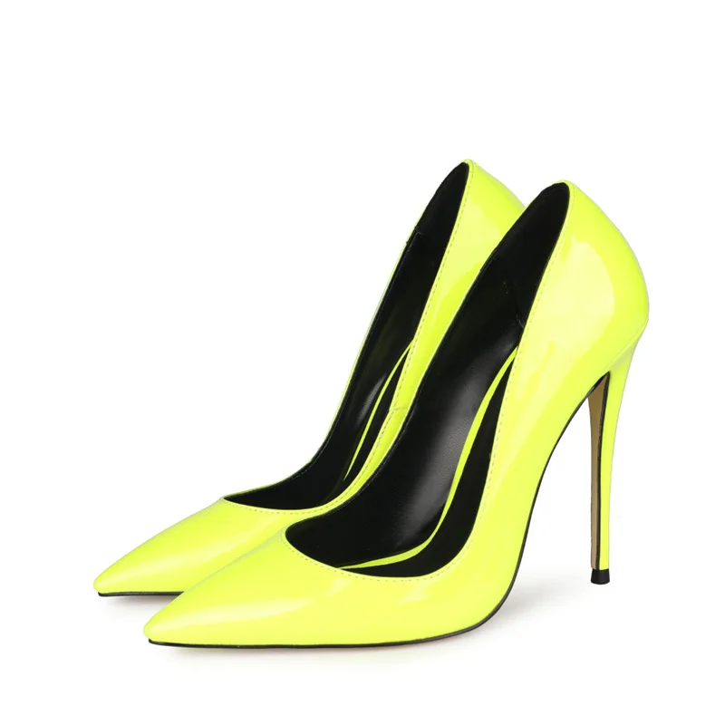 

Туфли-лодочки женские из лакированной кожи, флуоресцентные, желтые, свадебные туфли, элегантный заостренный носок, на каблуке, ручная работа, большие размеры 47