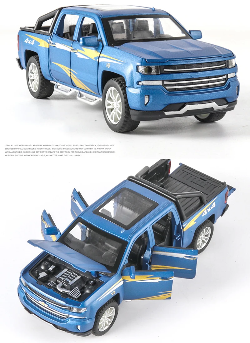 1:32 Масштаб Diecasts SILVERADO V8 Pickup модель автомобиля игрушечные машинки из сплава Авто спиральные с горячей выдвижной задней колеса автомобили игрушки подарки