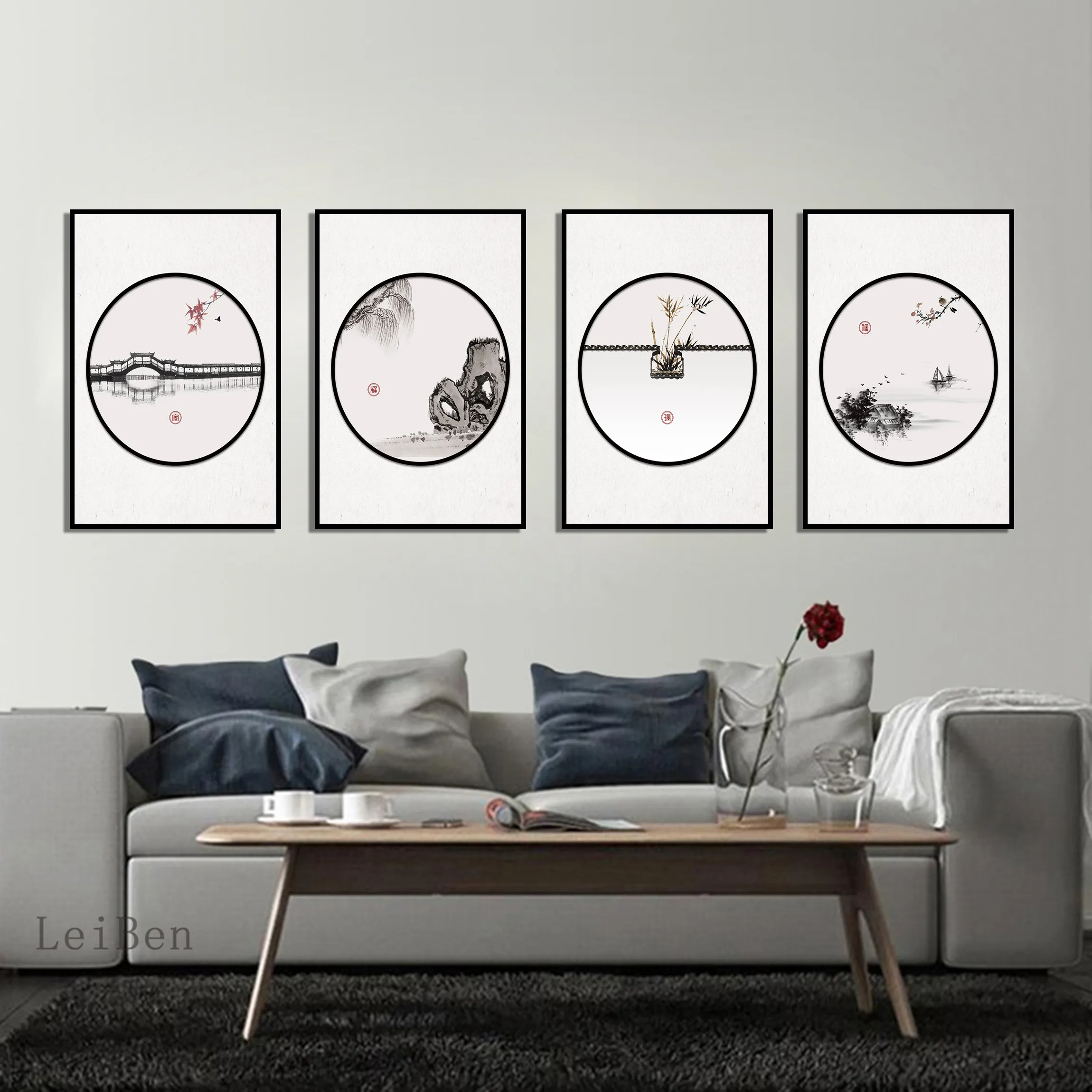 

Modern Minimalist New Chinese Style Ink Painting Beautiful Art Landscape Painting Quadruple For Living Room Home Decor Poster