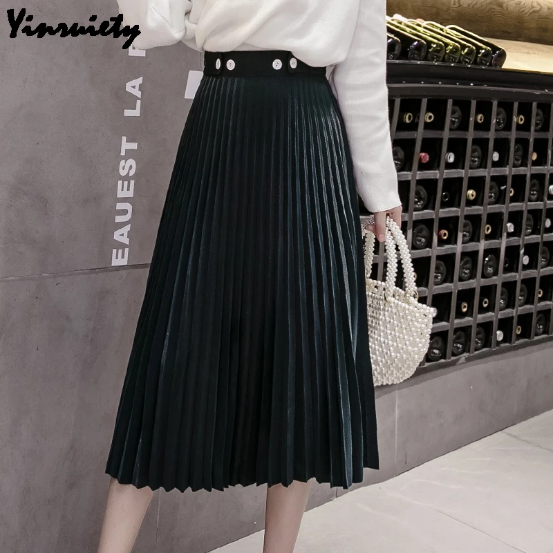 Корейский осень зима Женская плиссированная юбка высокая талия пуговицы молния черный хаки зеленый Jupe Femme элегантные офисные женские Saia Mujer