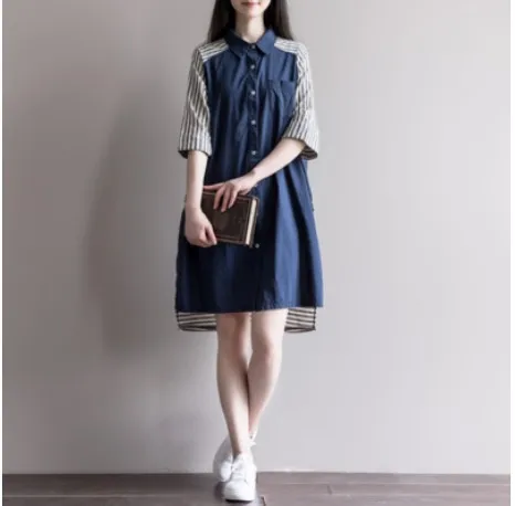 

Spring And Summer New Products Artistic Hipster Mid-length Loose And Plus-sized Casual Fold-down Collar Joint Striped Shirt Dres
