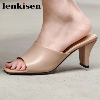 

Lenkisen hot genuine leather peep toe strange high heels solid gladiator beauty lady daily wear casual slip on sandals women L20