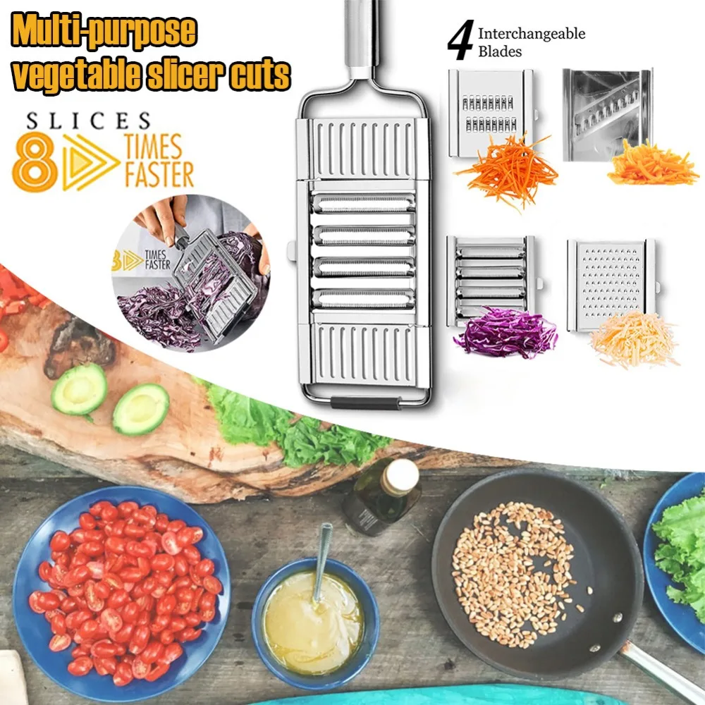 4 in 1 Upgrade Multi-Purpose Vegetable Slicer Cheese Grater,Handheld 4  adjustable Blades sets Stainless Steel Shredder Cutter Grater.Kitchen Tool slicer  vegetable cutter for Vegetable Fruits. 