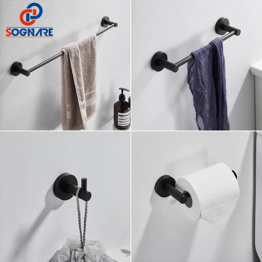 Billige SOGNARE Schwarz Bad Zubehör Edelstahl Gebürstet Nickel Wand Halterung Bad Hardware Sets Handtuch Bar Robe haken Papier Halter