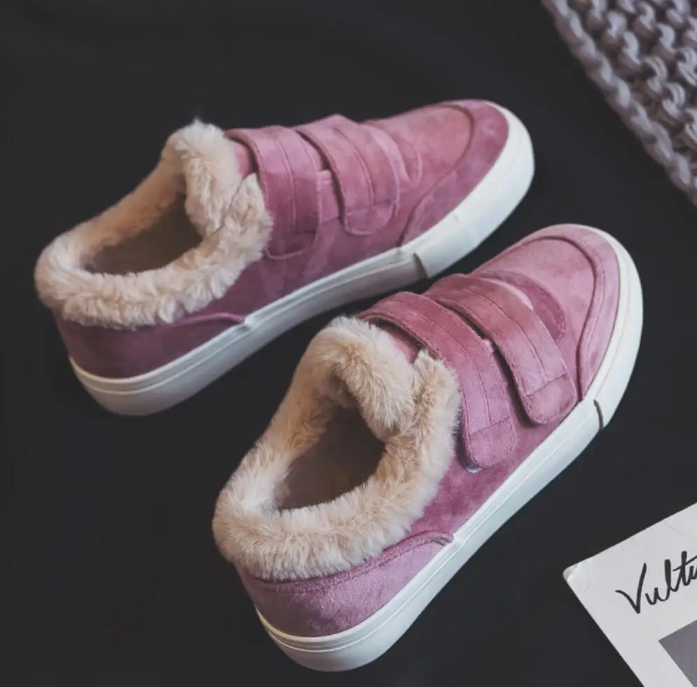 Женская зимняя обувь с меховой подкладкой; розовые теплые кроссовки для девочек с плюшевой подкладкой и застежкой-липучкой; замшевая кожа хорошего качества; универсальная обувь; Размеры 35-40