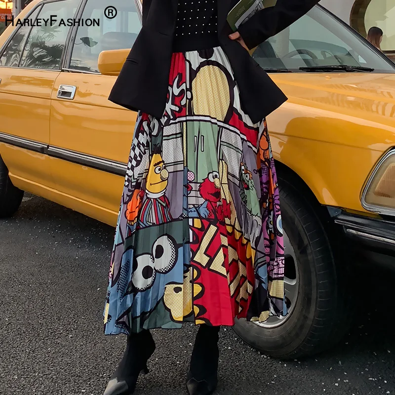 Роскошная дизайнерская уличная одежда с эластичной резинкой на талии в уличном стиле; милая плиссированная юбка с принтом из мультфильма; Наивысшее качество