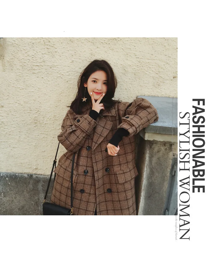 Vintage Plaids Clothes Loose Woollen Coat Women's New Checked Coat Baggy Silhouette Overcoat Tweeds Winter female Outerwear