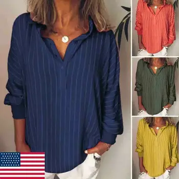 

New Womens Summer Striped V Neck Blouses Loose Baggy Tops Cotton and Linen Button Down Tunic Shirts Plus Size