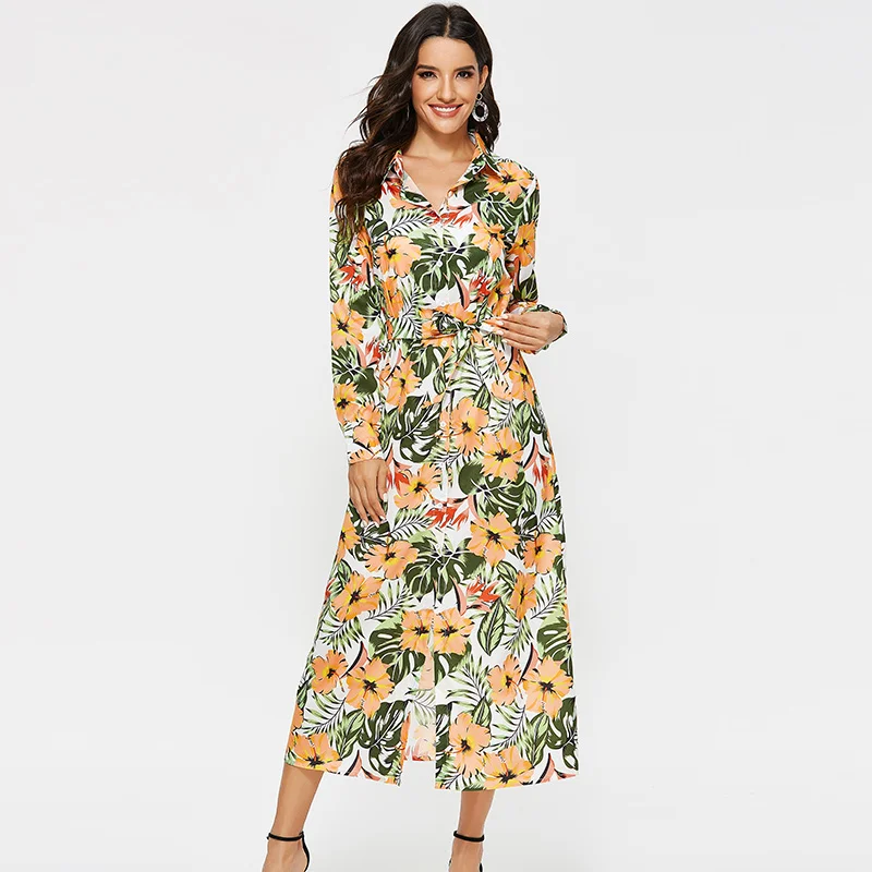 

Floral Print Boho Styles Dress Turn Down Collar Long Sleeve Ladies Dresses Bandage Straight Casual Vestido Mid Calf Ropa Mujer