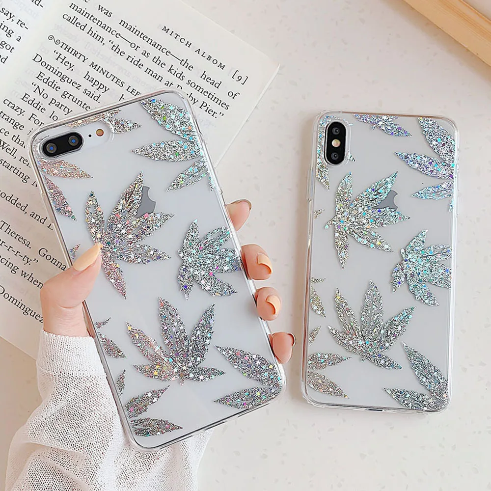 

Glitter 3D Maple Leaves Phone Case For iPhone XR 11 Pro XS MAX 7 8 Plus X Case Soft IMD Electroplated Transparent Back Cover