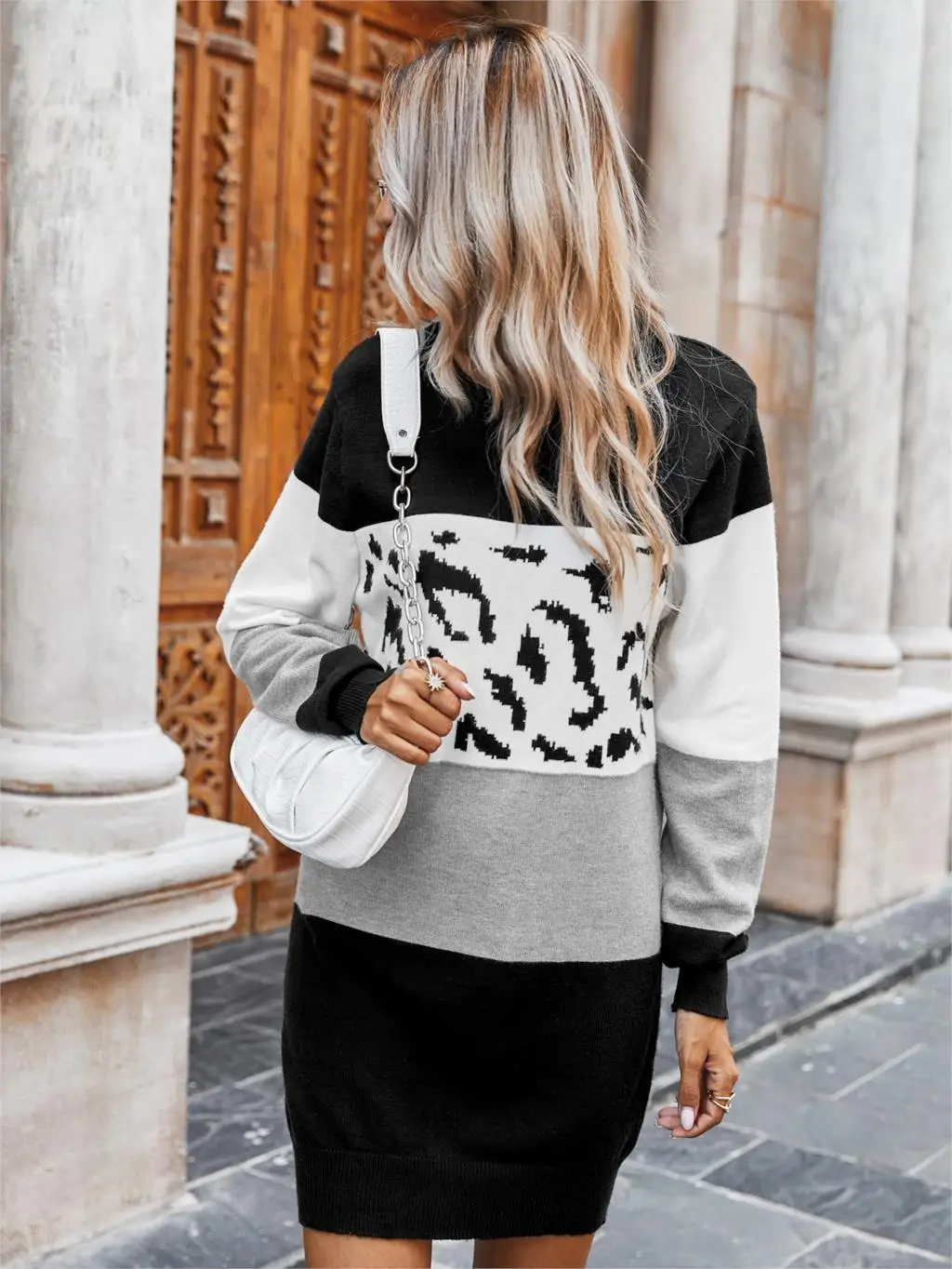 Chifirena Vintage Leopard Patchwork Sweater Dress Women O Neck Long Sleeve Winter Casual Robe Female Elegant Minie Vestidos