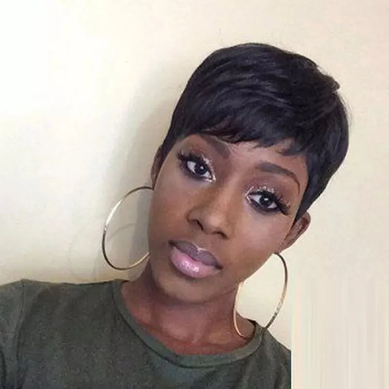 Peluca de cabello Natural estilo africano para mujer, cabellera artificial de corte Pixie, color negro, resistente al calor