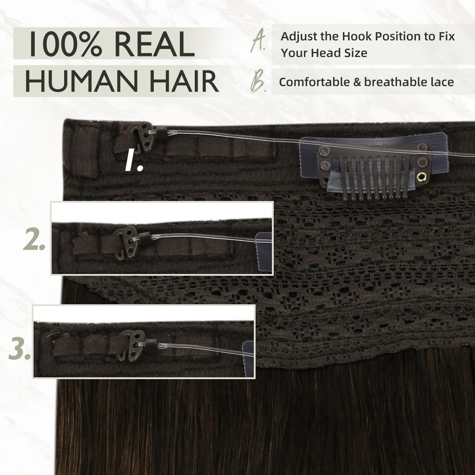 VeSunny Fish Line Halo Hair Extensions Real Human Hair One Piece Invisible Wire Weft Hair With Two Clips Machine made Remy Hair