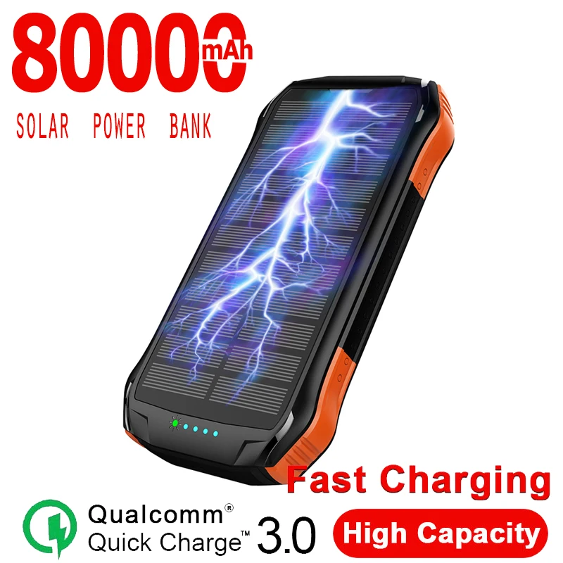 Wireless Solar 80000mAh Power Bank Large Capacity Outdoor Emergency Mobile Charger 2USB TypeC Port for Xiaomi Samsung | Мобильные