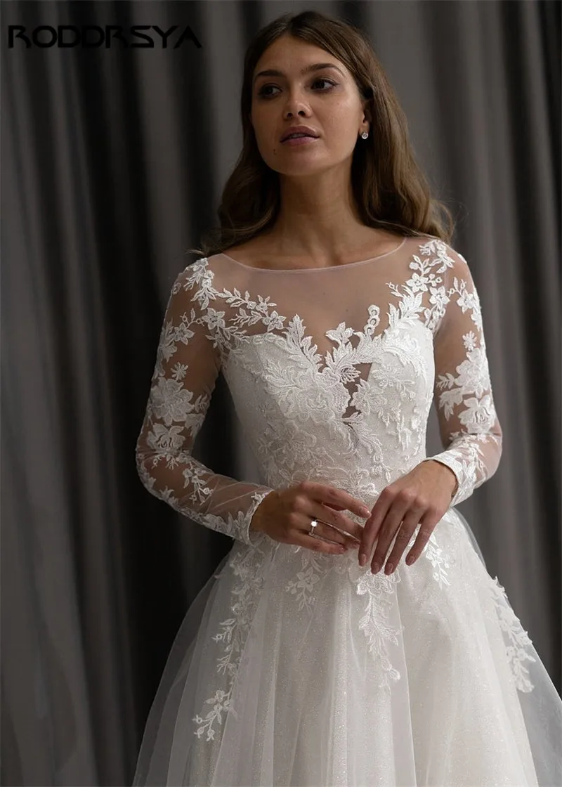RODDRSYA A line Lace Appliques Long Sleeve Glitter Wedding Dress Sequins  Illusion Back Beach Bridal Gowns vestido de noiva - AliExpress 320