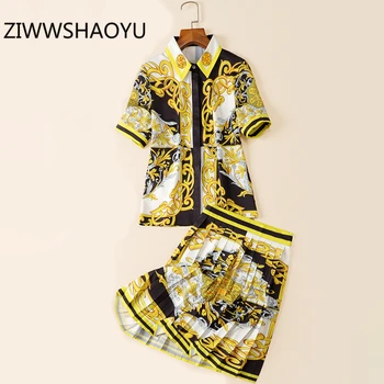 

ZIWWSHAOYU Female Summer Elegant Vintage Suits Runway Designer Short Sleeve Print Tops And Women Pleated Skirt Two Pieces Set