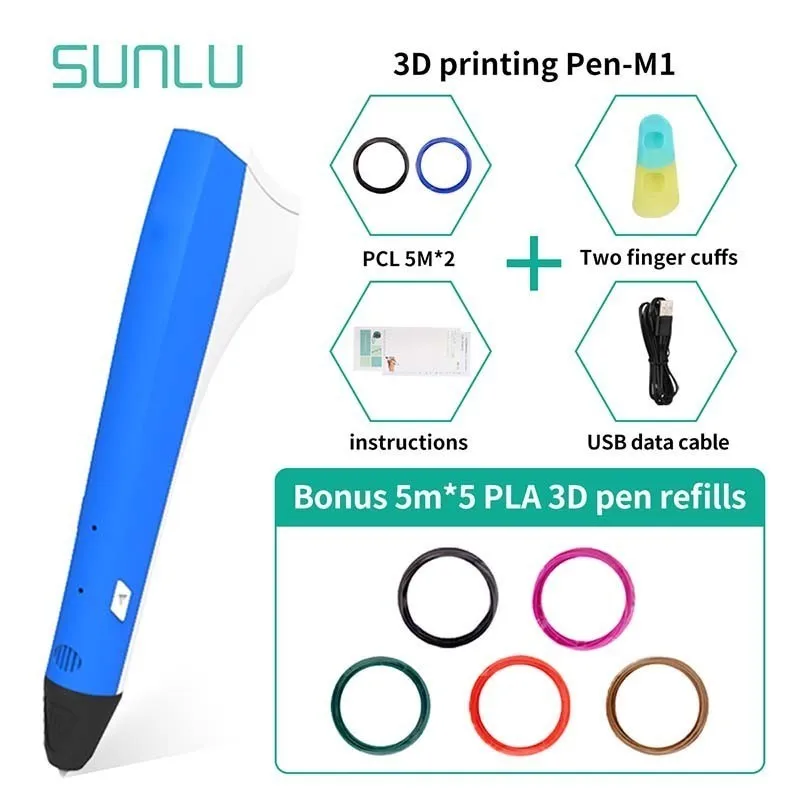 M1-5.5-Blue SUNLU Prince M1 3D Печатающая ручка набор в подарочной коробке Детская Scribble 3D коробка для ручек набор с PLA нити низкотемпературная 3D Ручка - Цвет: M1-5.5-Blue