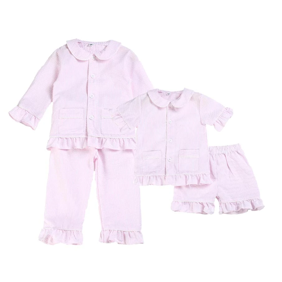 100% Cotton Seersucker Two Pieces Spring Summer Pink Ruffle Button Kids Pyjamas Boys And Girls Easter Pajamas Sets Sleepwear & Robes for baby Sleepwear & Robes