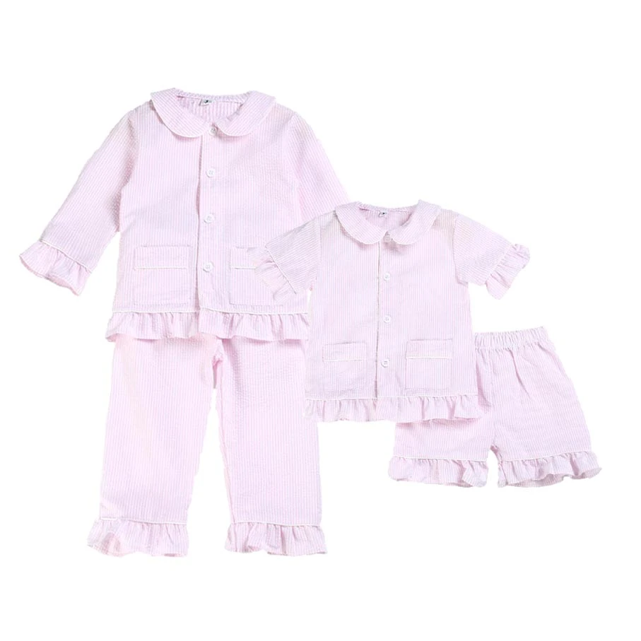 100% Cotton Seersucker Two Pieces Spring Summer Pink Ruffle Button Kids Pyjamas Boys And Girls Easter Pajamas Sets Sleepwear & Robes for baby