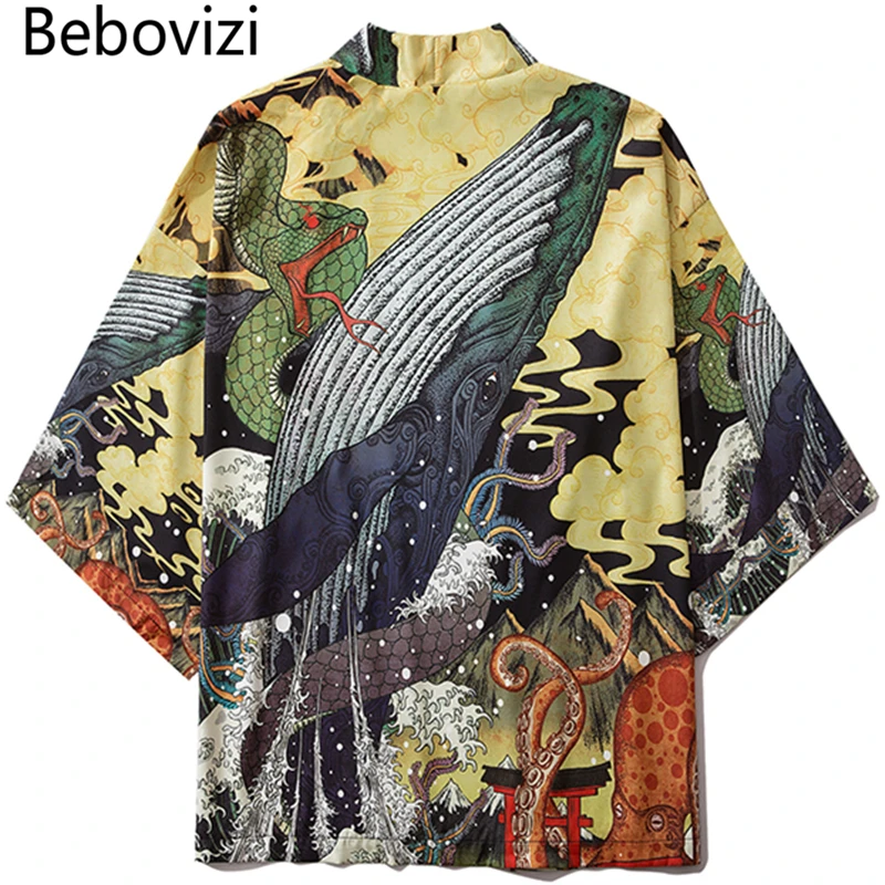 Bebovizi Fashion Japanese Anime Style Whale Print Kimono Women Cardigan Yukata Kimono Streetwear Men Loose Asian Clothing