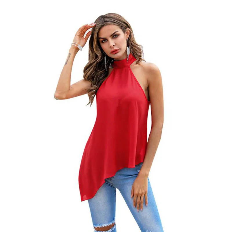 

2020 New Hot Fashion Chiffon Halter Asymmetric Sleeveless Backless Sexy Bandage Casual Shirt Pure Color Fashion Blouse Ladies To