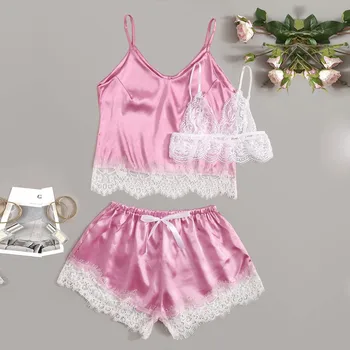 

2020 Women Sexy Lingerie Sleepwear Nightwear Set 3PC Womens Satin Lace Bowknot Silk Camisole Shorts Set Pajamas Sets Lingerie