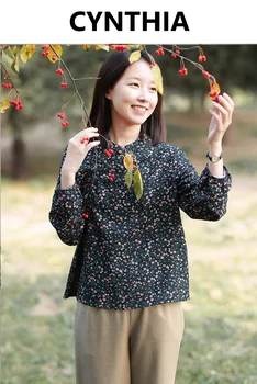 

CTNTHIA Chinese-style Women's Spring Pullover Blouse Floral-printed Long-sleeve Vintage Elegant Straight Female Shirt Winter