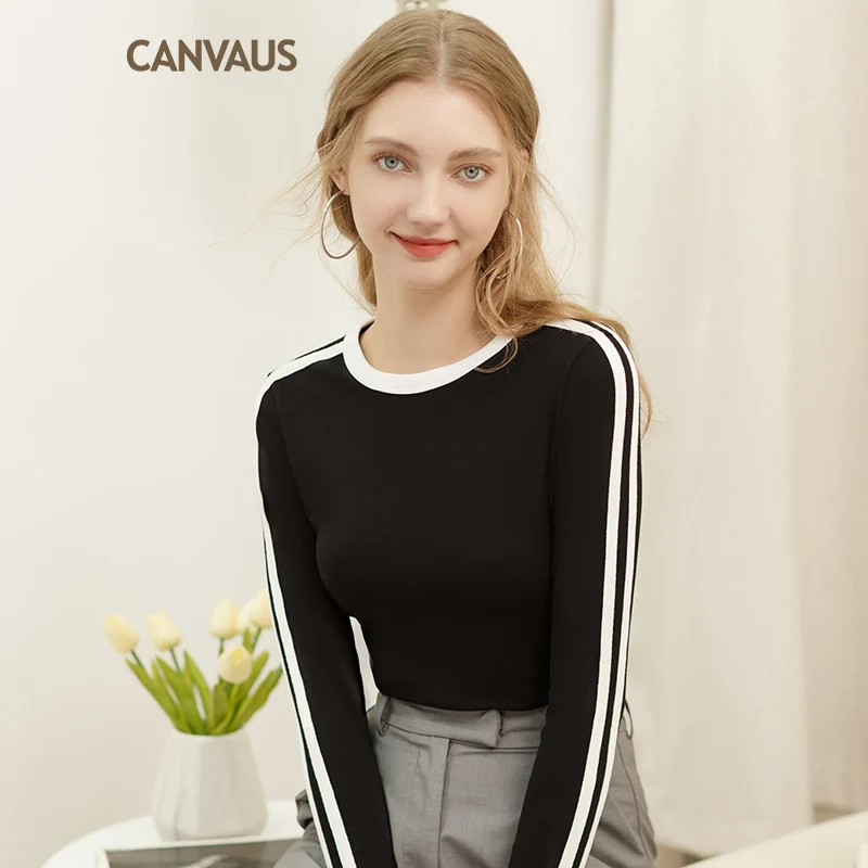 Canvaus черная хлопковая футболка с длинным рукавом Женская Осенняя полосатая футболка с круглым вырезом футболки женская одежда
