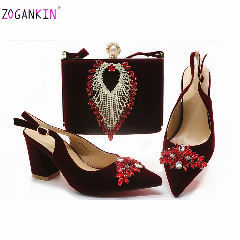 

2019 High Quality Wine Color Fashion Rhinestone Woman Shoes And Matching Bag Set African Sexy Ladies Shoes and Bag for Party