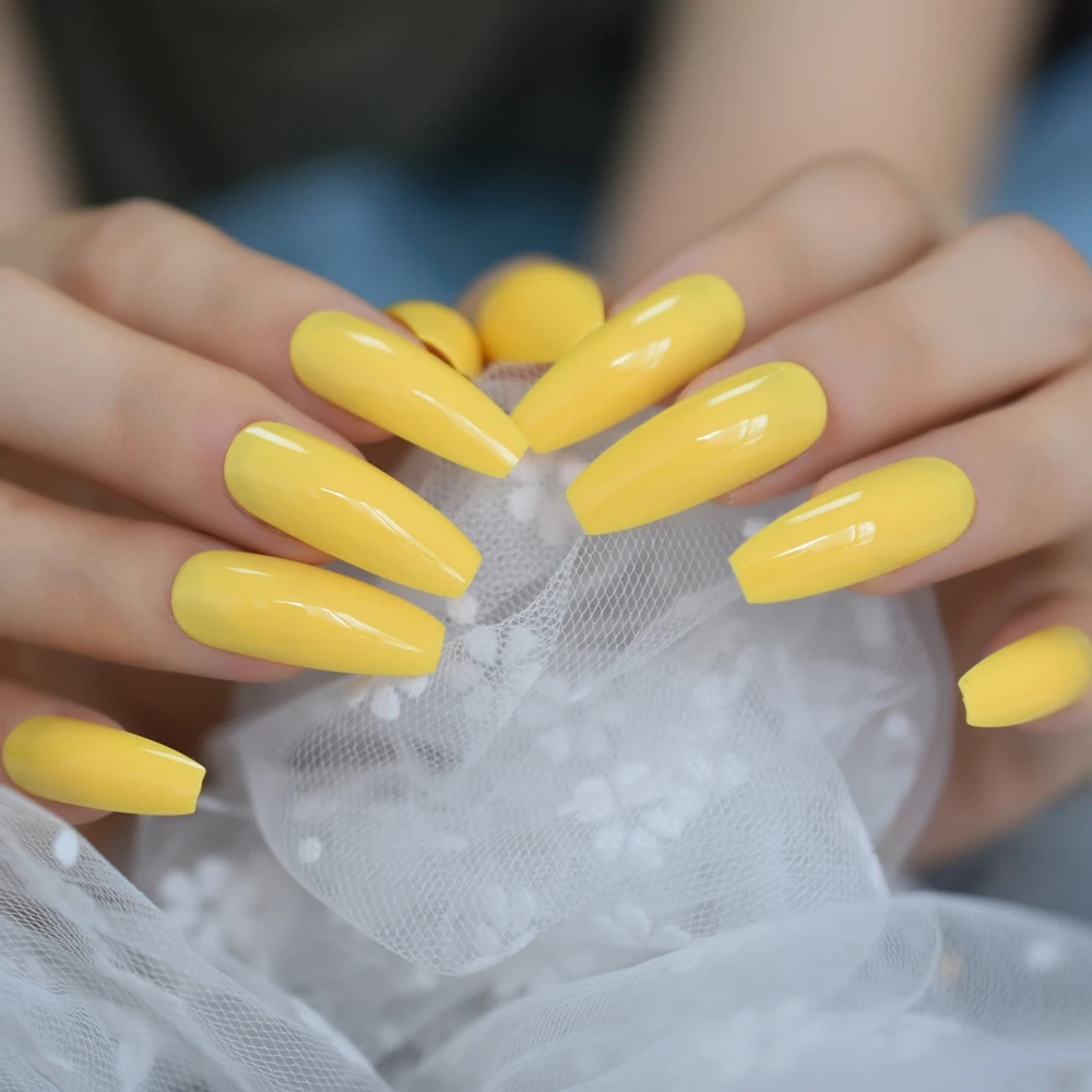 Длинные блестящие яркие желтые поддельные ногти Лето Гладкий живой гроб ногтей простые Типсы для маникюра